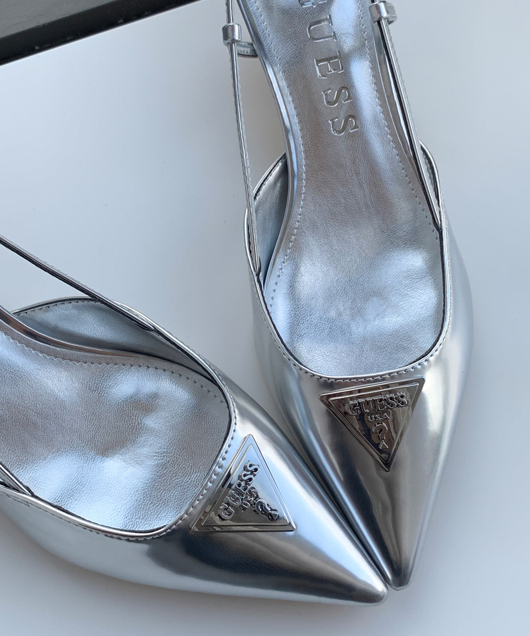 Second Chance [Zigzag Only❤️] Guess Gesson Stiletto Buckle Sling Bag Heels Silver
