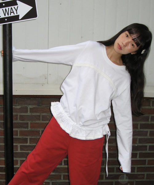 PENDANT FRILL SHIRRING LONG SLEEVE T-SHIRT WHITE