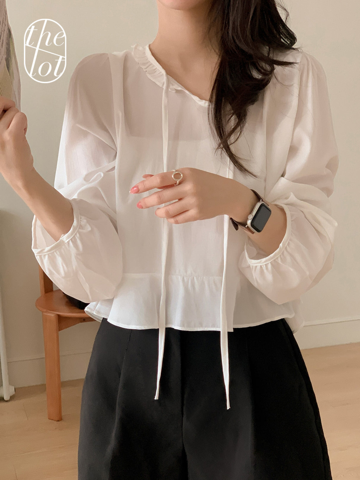 The Lot (Spring New) Lovely Frill Ribboned Cropped Blouse (3 colors)