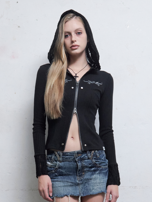Lace Embroidery Hooded Zip-Up [Black]