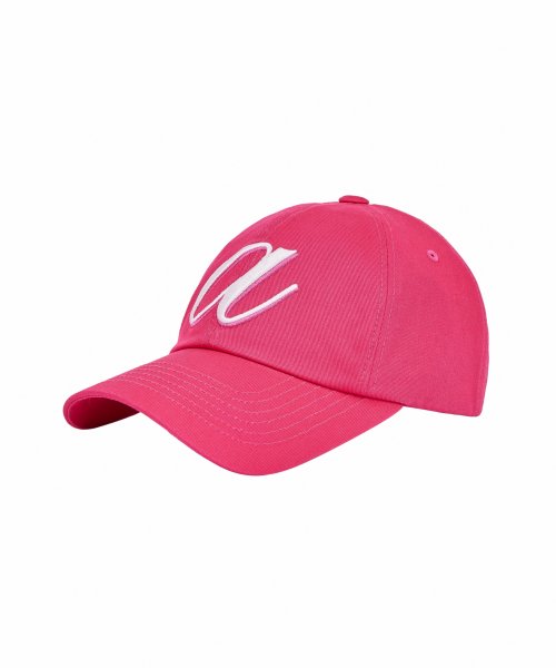 A pink logo ball cap