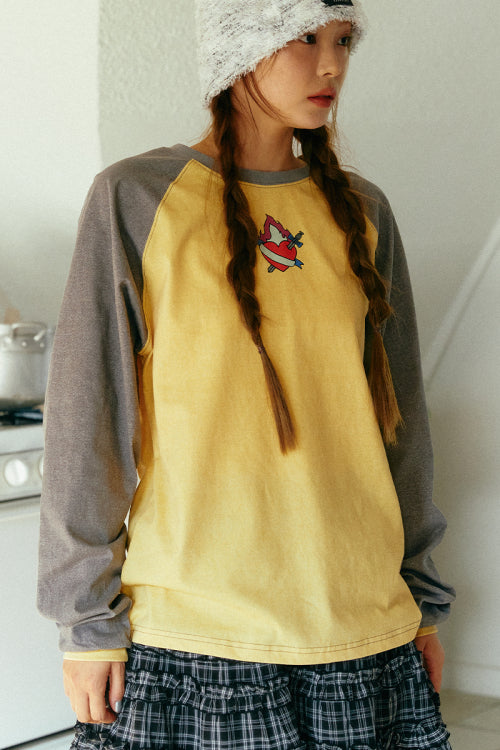 ハートプリントコントラストラグランリンガーTシャツ_グレー/イエロー