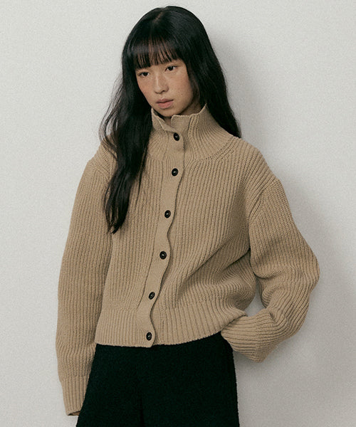 Beige high-neck wool knit cardigan