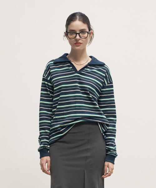 Stripe Open Collar Rugby Shirt Navy