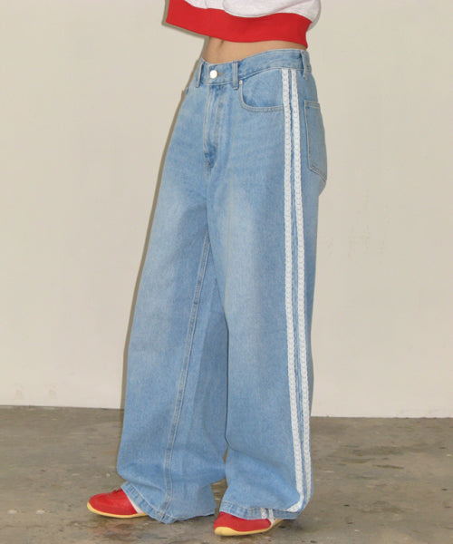 Side Lace Track Denim Pants Light Blue
