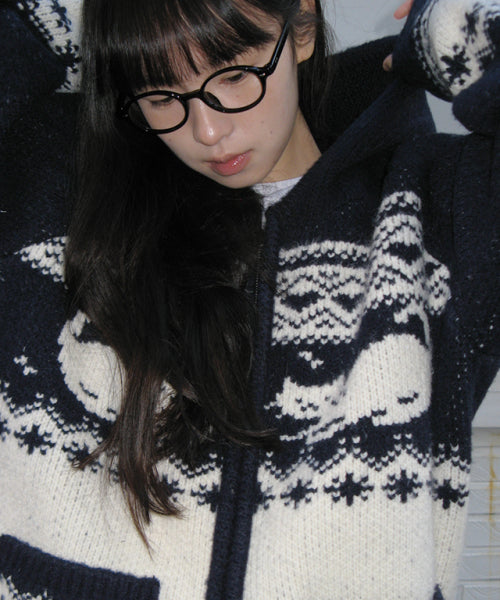 CAT JACQUARD HOOD ZIP UP KNIT NAVY