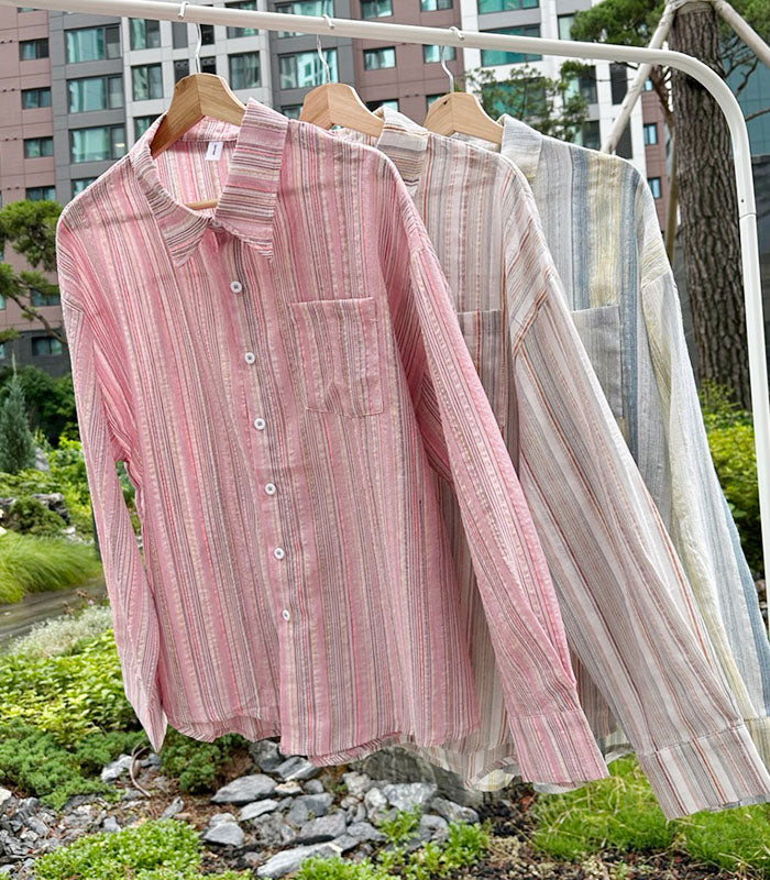 V-Rua ★[MADE(~2XL)💋/Hot💖 Harbor Oversized-Fit Stripe Shirt/Shirt★Cherry Blossom Look/Salantem/Street/Overfit/Big Size/Restaurant Look/Vacation Look/Summer Cardigan/Visit/Beach/Date Look