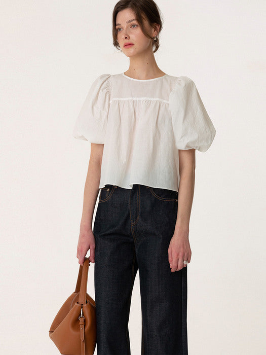 Seersucker Puff-Sleeve Blouse Off-White