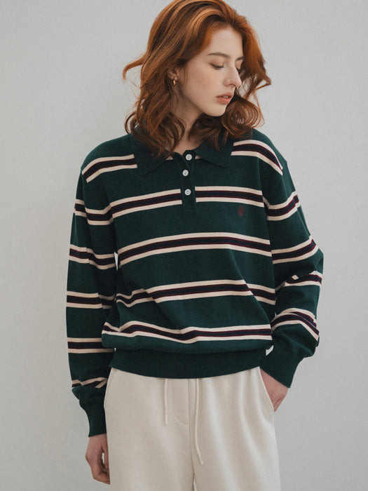 SIKN2136 Classic Stripe Collar Knitwear_Deep green