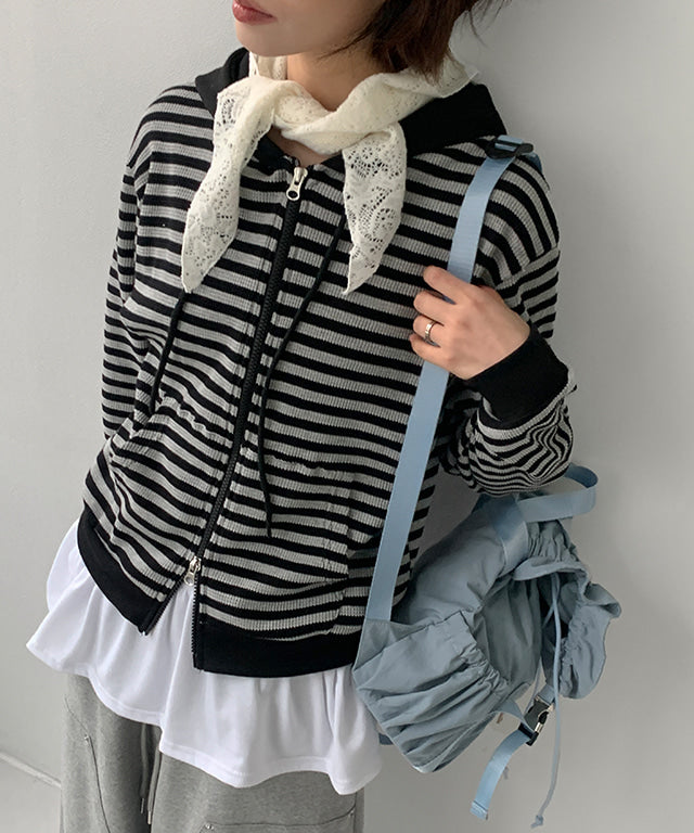 Daily Jewelry Two Way Stripe Waffle Hooded Zip-Up