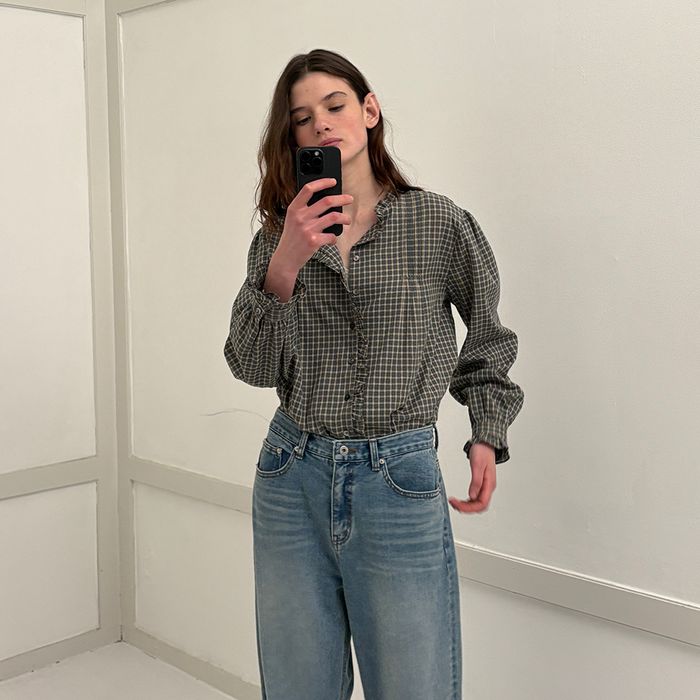 Cotton Check Ruffle Blouse_Blue-Green