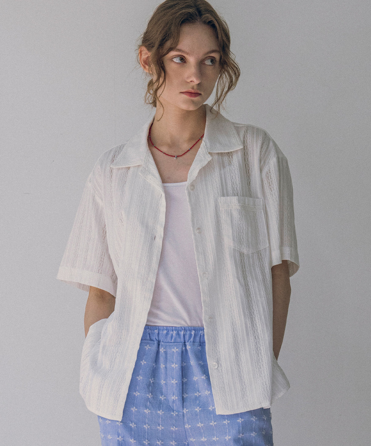 Semi-circular Atelier A3477 Lace Open Collar Shirt_White