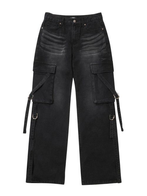 Washing Strap Low-Rise Denim Pants Black