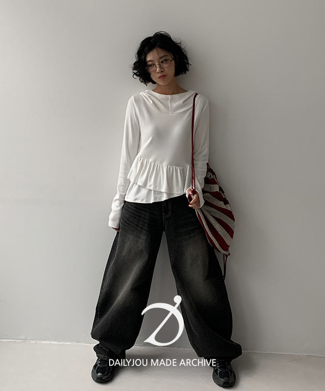 Daily JU [MADE] Sayer Frill Unbalanced Long Sleeve Hooded T-shirt