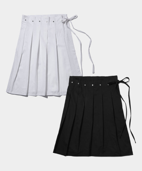 Rivet Pleats Ribbon String Tie Layered Cotton Wrap Skirt_2COLOR