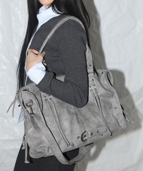 FANCY CLUB Belted Washed Leather Bag (GRAY) F25QE990 - Size & Review | Musinsa