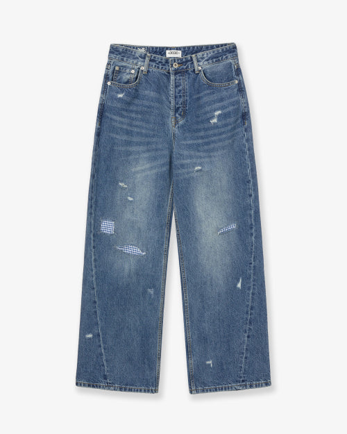 CHECK PATCHWORK DENIM PANTS [MID BLUE]