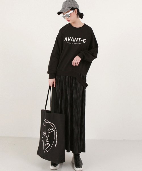 プリーツ裾コントラストスウェットシャツ付きブラックドレス - ユニーク