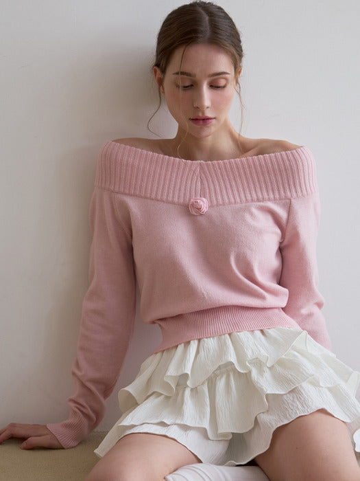 [SET]_corsage off-shoulder pullover-pink