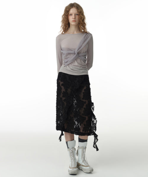 Sheer Ruffle Midi Skirt [Black]