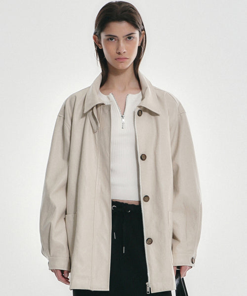 HIDDEN BUTTON MIDI LEATHER JACKET_CREAM