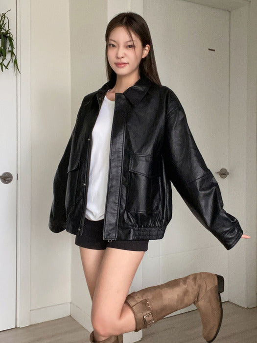 [Exclusive] SIOT4079 Fake Leather Bomber Jacket_Black