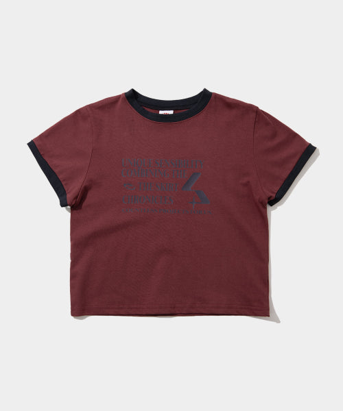 Vintage Graphic Ringer Contrast Slim Fit Crop Short Sleeve T-Shirt [Wine]