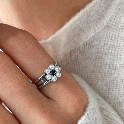 925 silver flower pearl ring