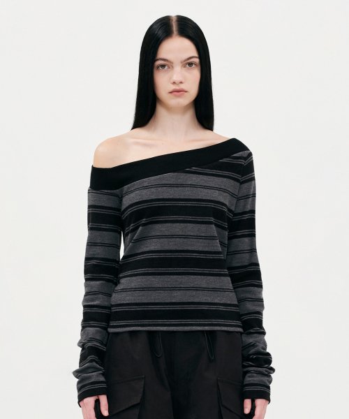 One Shoulder Stripe T-Shirt [Charcoal Gray]
