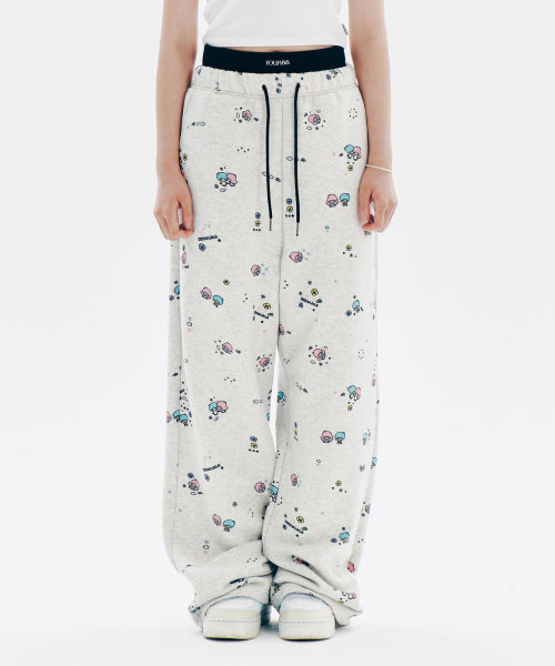 YOUHEE X LITTLE TWIN STAR LAYERED GRAPHIC PATTERN PANTS OATMEAL