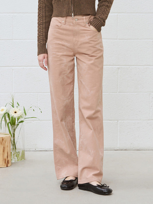 Semi Wide Bleach Color Jeans [Pale Pink]