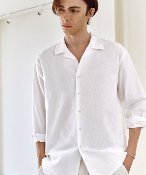 Loose Fit Open Collar Linen Shirt [White]