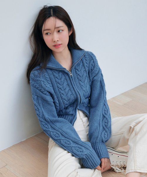 [22FW] Wool Cable Knit Zip-Up Cardigan_BLUE