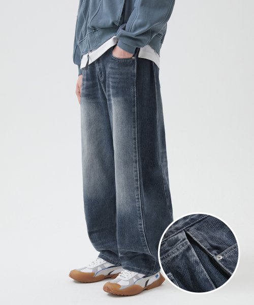 【BAON】Hoeni Side Pintuck Snap Button Wide Denim Pants Denim Tencel Wide Legged Pintuck Smocked Waistband With Tie