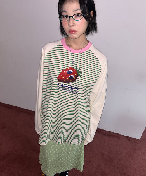 3D Strawberry Stripe Raglan Long Sleeve T-Shirt [Green]