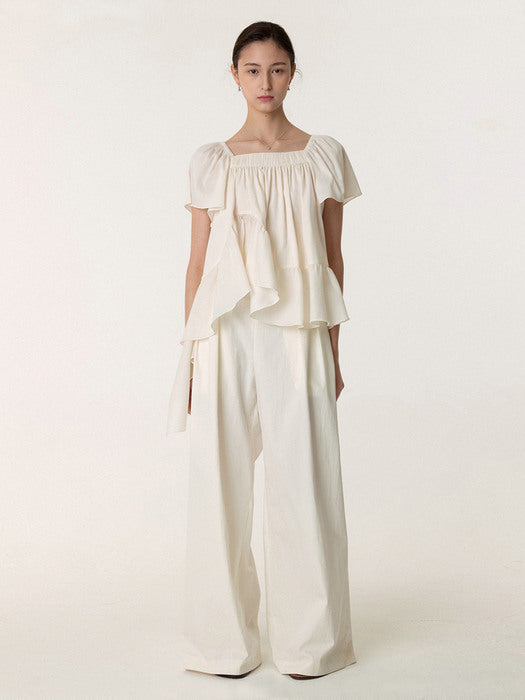 Square Neck Ruffle Blouse Cream