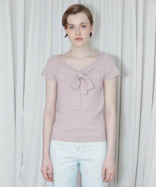 RIBBON TIE SLIM KNIT TOP (MUTE PINK)