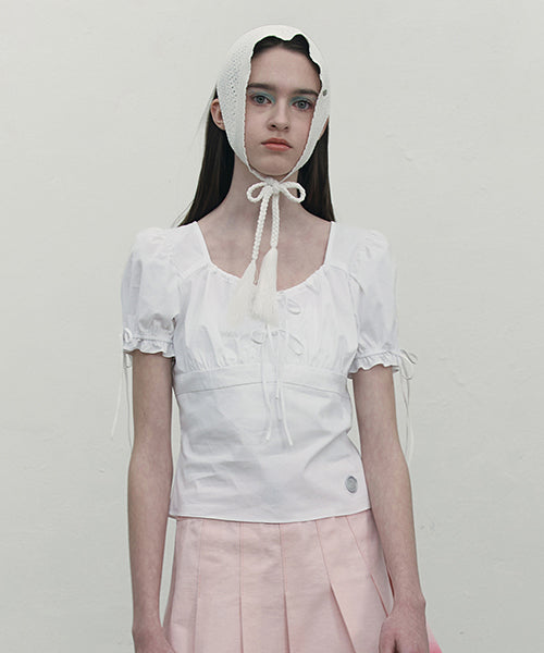 Ribbon Shirring Short Sleeve Blouse [White]
