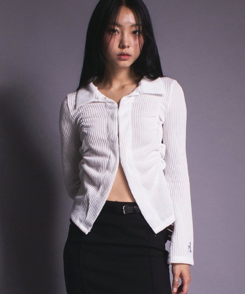 Collar Shirring Hook Cardigan WHITE