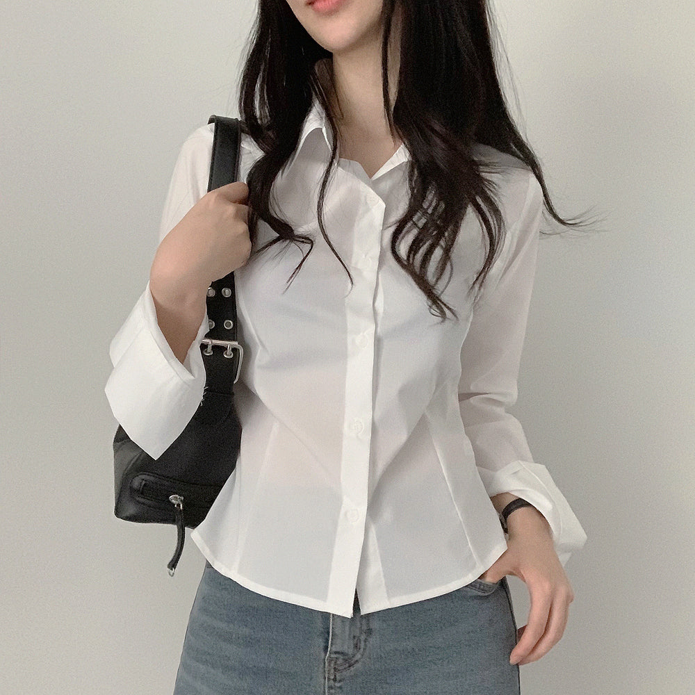 Together With Me (On the same day!) Suitable cropped length ✨ Collar slim fit less wrinkled, inner waist pintuck basic dress shirt Layered white shirt Interview Old Money Gigantic Spring clothes Quick delivery Clearance Opening Look Spring gift
