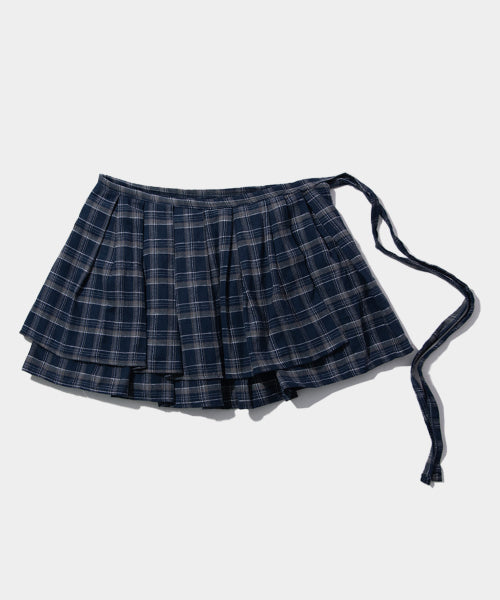 [Lara Jean X SOME] Frill Check Layered Cotton Wrap Short Pleated Skirt [Navy]