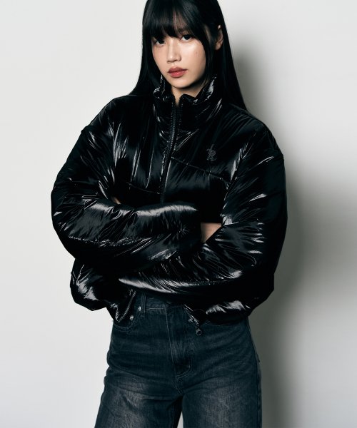 LEATHERY Crooked Stitch Crop Puffer Jacket [GLOSSY BK] - Size & Reviews | MUSINSA