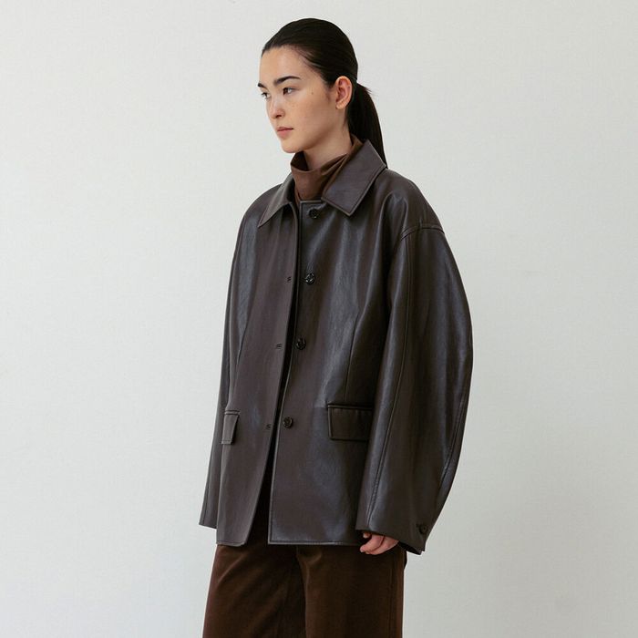 Balloon Sleeve Vegan Leather Jacket_Brown