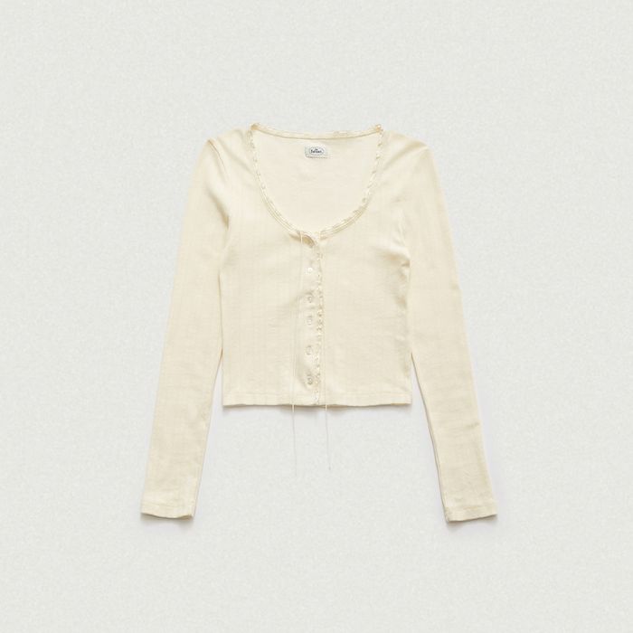 Ravioli Lace-Trim Button-Up Top (Yellow)
