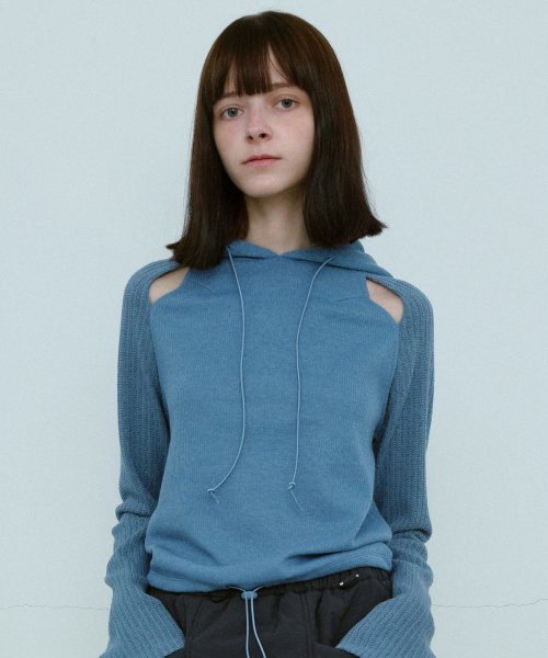 Knitted Side Slit Hoodie [Sky Blue]