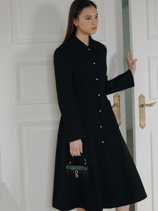 OLIVIA stand collar A-line tweed coat (Ivory/Black)