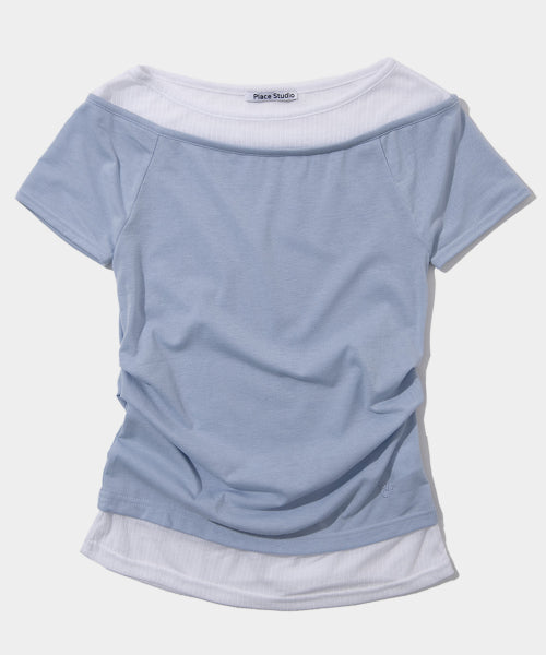 See-through double-layered pintuck slim-fit short-sleeve T-shirt [Blue]