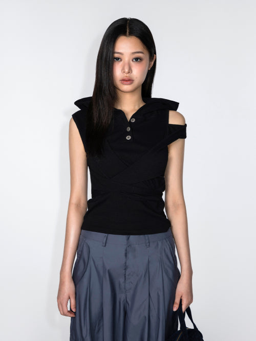 Black Sleeveless Hooded Top with Straps