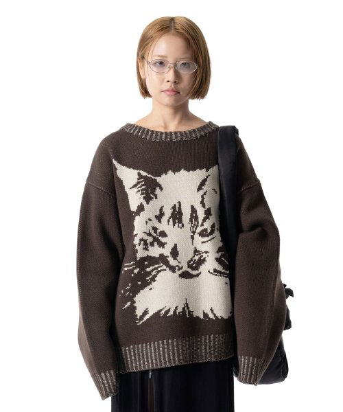 Cat Graphic Distressed Knit (Brown)
