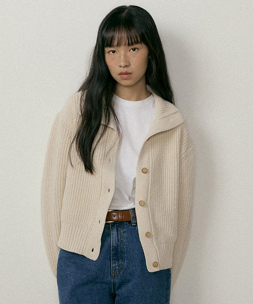 ivory wool high-neck knit cardigan